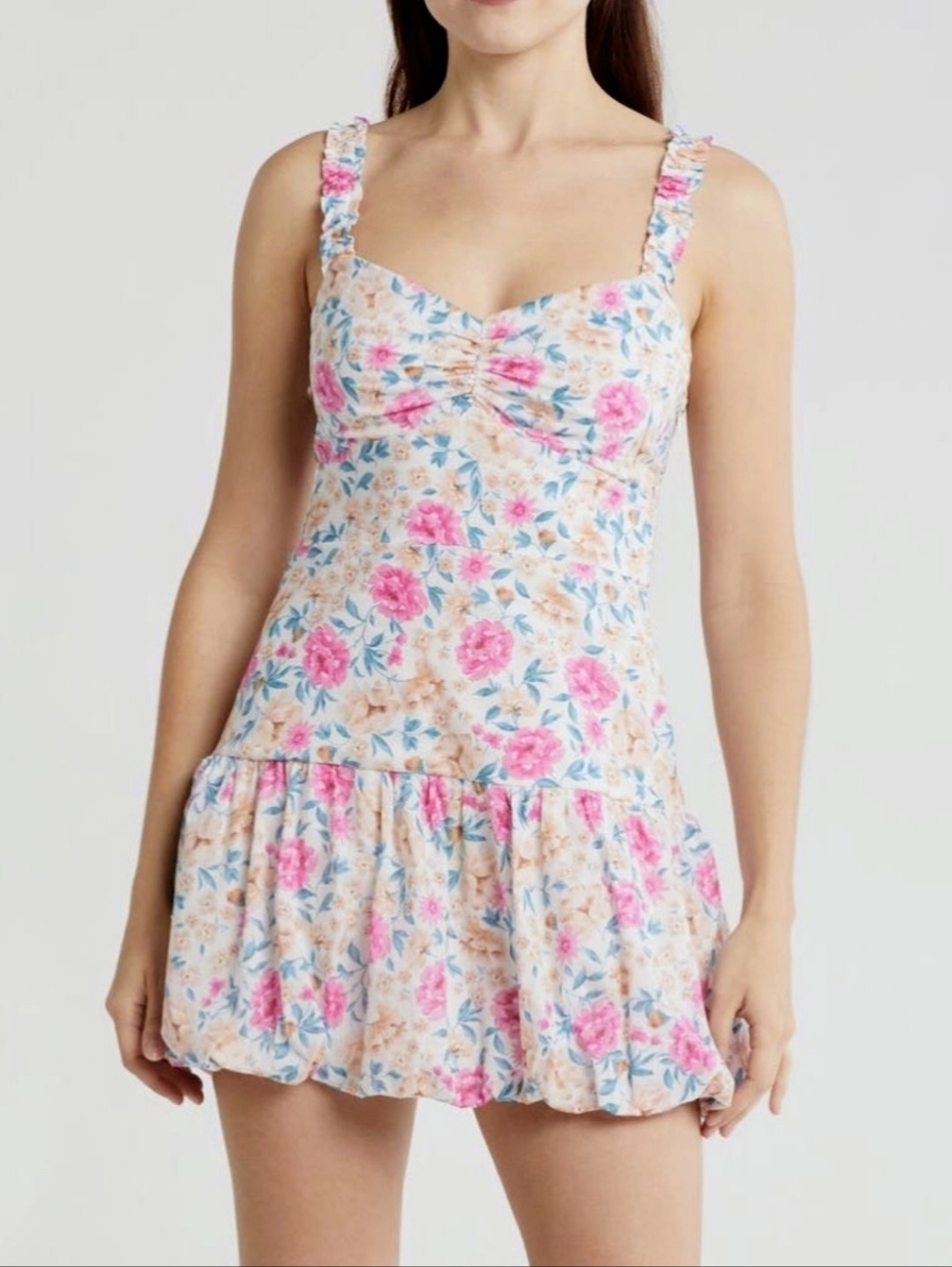 Lush Pink Floral Mini Bubble Dress Size Large Ruffle Strap Cottagecore